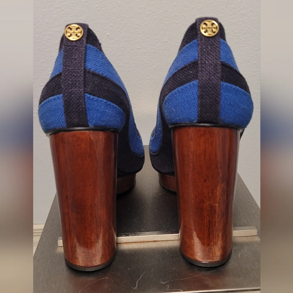 Tory Burch Black and Blue Wedges with Wooden Heel - Picture 7 of 9